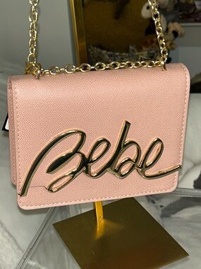 bebe Pink Crossbody with Gold Script Logo & Chain Strap 5.5”x 7.5”x 2.5” NWT
